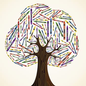 School art education concept tree made with crayons. Vector file layered for easy manipulation and custom coloring.