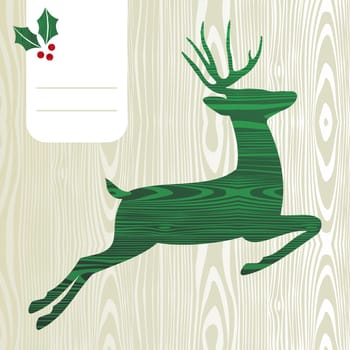 Wood textured Deer with christmas decorations greeting card background. Vector file layered for easy manipulation and custom coloring.