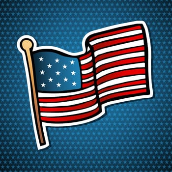 USA cartoon flag icon hand drawn style over blue stars background. Vector file layered for easy manipulation and custom coloring.
