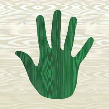 Green hand shape in organic wood concept background. Vector illustration layered for easy manipulation and custom coloring.