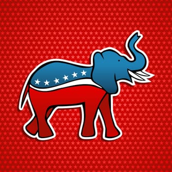 USA elections Republican party elephant emblem in sketch style over red stars background. Vector file layered for easy manipulation and custom coloring.