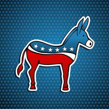 USA elections Democratic donkey symbol in sketch style over blue stars background. Vector file layered for easy manipulation and custom coloring.