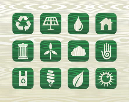 Environmental green icons set in organic wood graphics background. Vector illustration layered for easy manipulation and custom coloring.