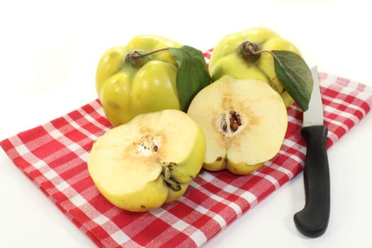 Three quinces against white background