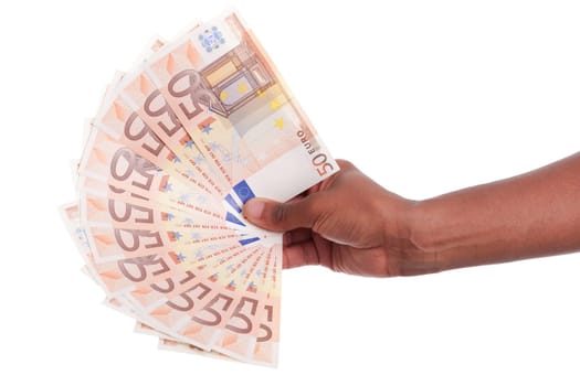 African hand holding money, isolated on white background