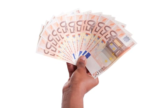 African hand holding money, isolated on white background