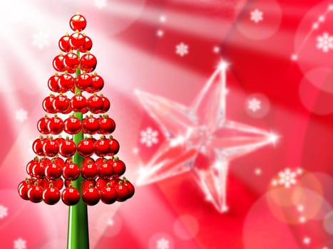 Christmas tree of glossy red baubles balls 3d render and snowflakes