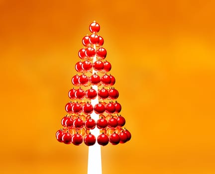 Christmas tree of glossy red baubles balls 3d render on yellow