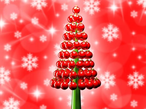 Christmas tree of glossy red baubles balls 3d render and snowflakes
