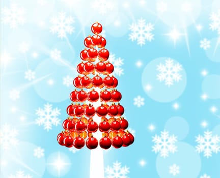 Christmas tree of glossy red baubles balls 3d render and snowflakes