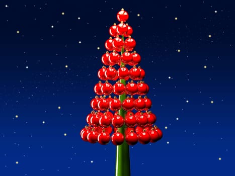 Christmas tree of glossy red baubles balls 3d render blue night stars