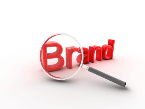 The word Brand under a magnifying glass illustrating marketing and advertising to build customer loyalty and reputation