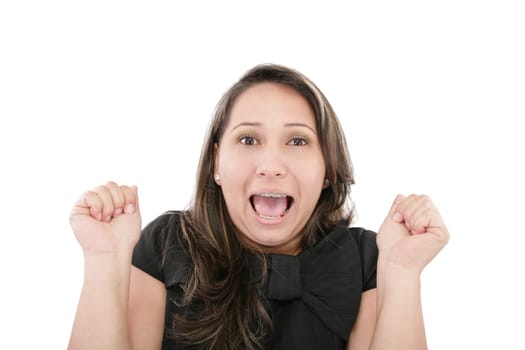 beautiful young woman looking scared on white background