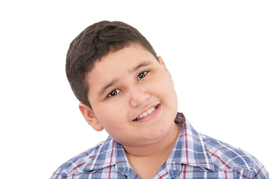 Portrait of happy little boy over white background