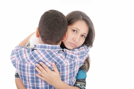 Young sad mother and its son isolated on white.