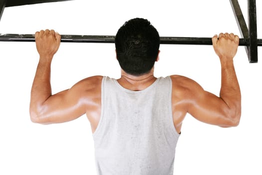 very power athletic guy, execute exercise tightening on horizontal bar, isolated on white
