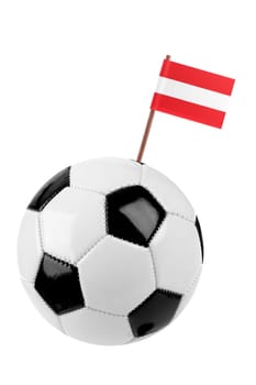 Soccer ball or football decorated with a small national flag of Austria on a tooth stick