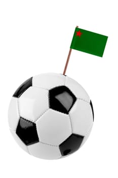 Soccer ball or football decorated with a small national flag of Benin on a tooth stick