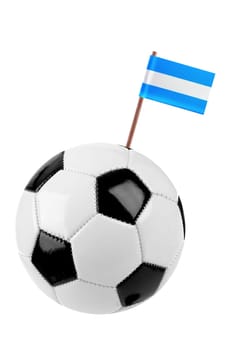 Soccer ball or football decorated with a small national flag of Argentina on a tooth stick