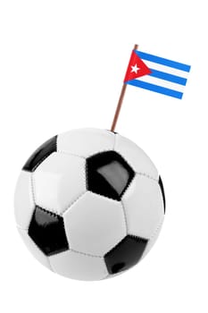 Soccer ball or football decorated with a small national flag of Cuba on a tooth stick