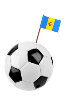 Soccer ball or football decorated with a small national flag of Madeira on a tooth stick