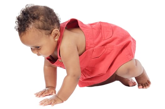 adorable baby learning to walk a over white background