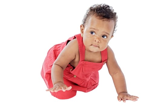 adorable baby learning to walk a over white background