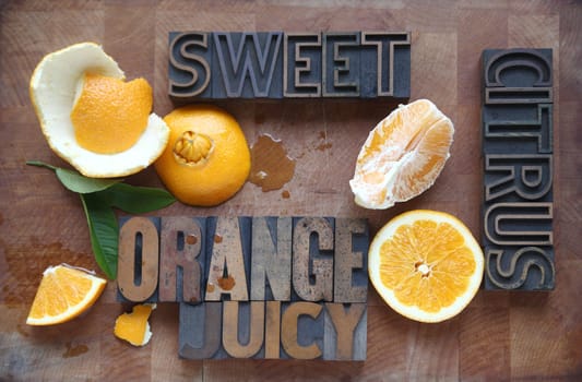 orange cut and peeled with related words