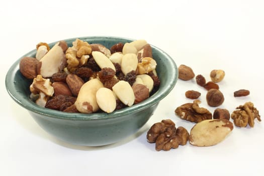 Various nuts and raisins against white background