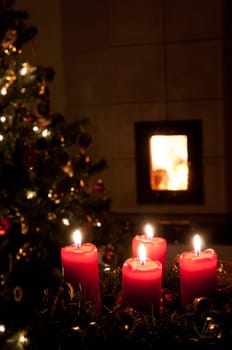 Christmas advent wreath with burning candles