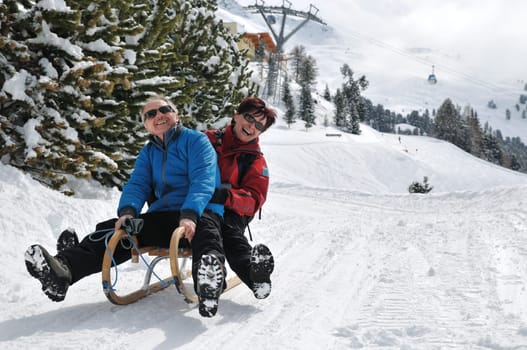 Active senior couple on sledge having fun in mountain snowy country