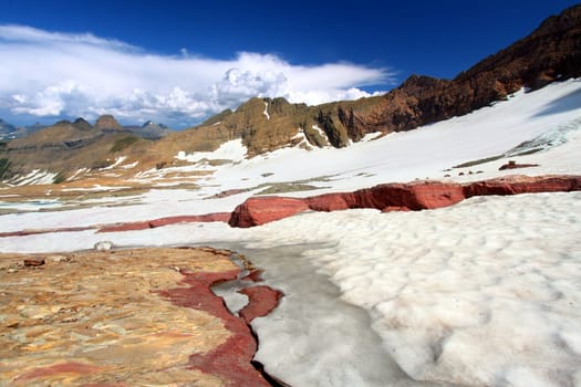 Snow and glacial rock at the Sperry Glacier in Glacier National Park of Montana.