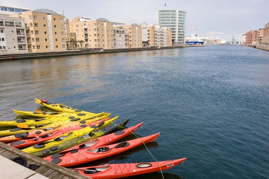 Parking sports canoes in Copenhagen, Denmark. Taken on June 2012.