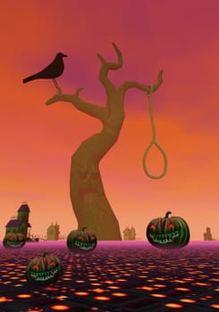 Pumpkins, lantern, tree, rope, houses and rope for halloween scene by sunset