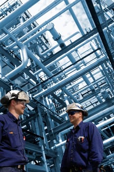 oil and gas workers, large pipelines construction in background