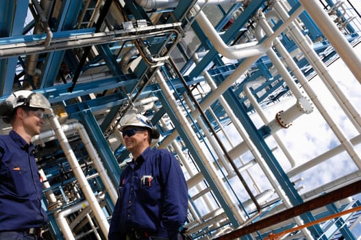 two oil and gas workers with large pipeline construction in background