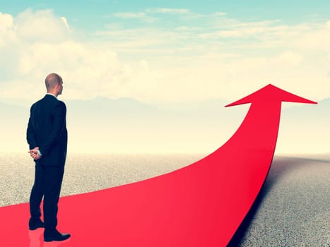 standing man and red 3d arrow