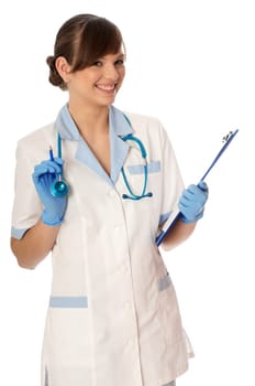 The doctor holding clipboard with blank paper in the hand