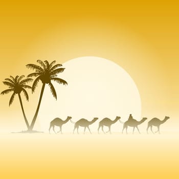 Palm trees and camel caravan illustration with sun