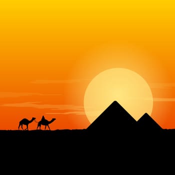 Desert scenery with pyramids and camels at sun dusk