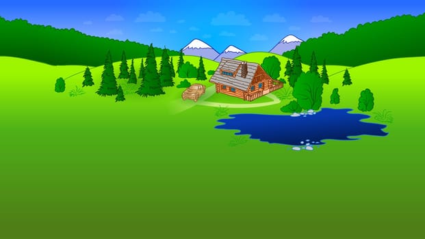 Wooden house surrounded by green trees and blue lake