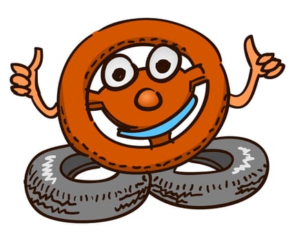 Tyre and steering wheel illustration in brown and black