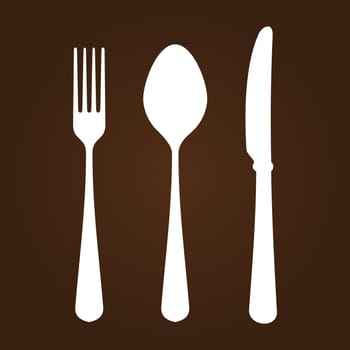 White symbols of cutlery on dark brown background