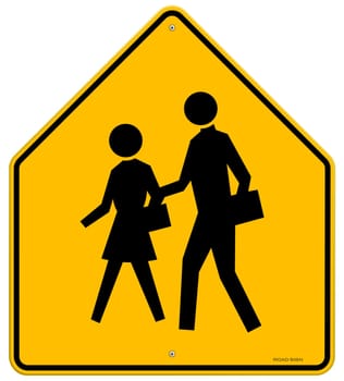 Yellow road sign with black silhouettes of people
