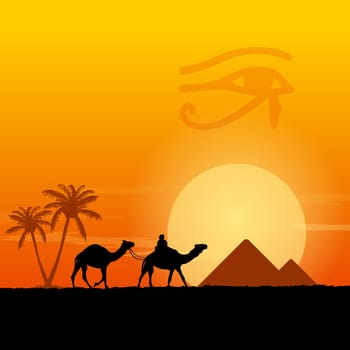 Traditional Horus Eye symbol and camel silhouette in front