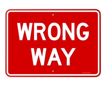 Red road sign with white letters isolated on white background