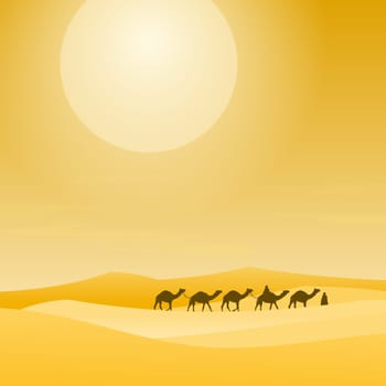 African camels and Egyptian pyramids in background