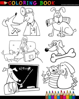 Coloring Book or Page Cartoon Illustration of Funny Dogs and Puppies for Children