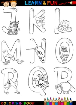 Cartoon Alphabet Coloring Book or Page Set with Funny Animals for Children Education and Fun