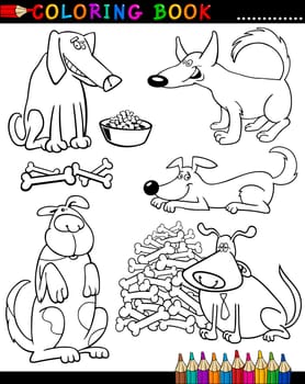 Coloring Book or Page Cartoon Illustration of Funny Dogs and Puppies for Children